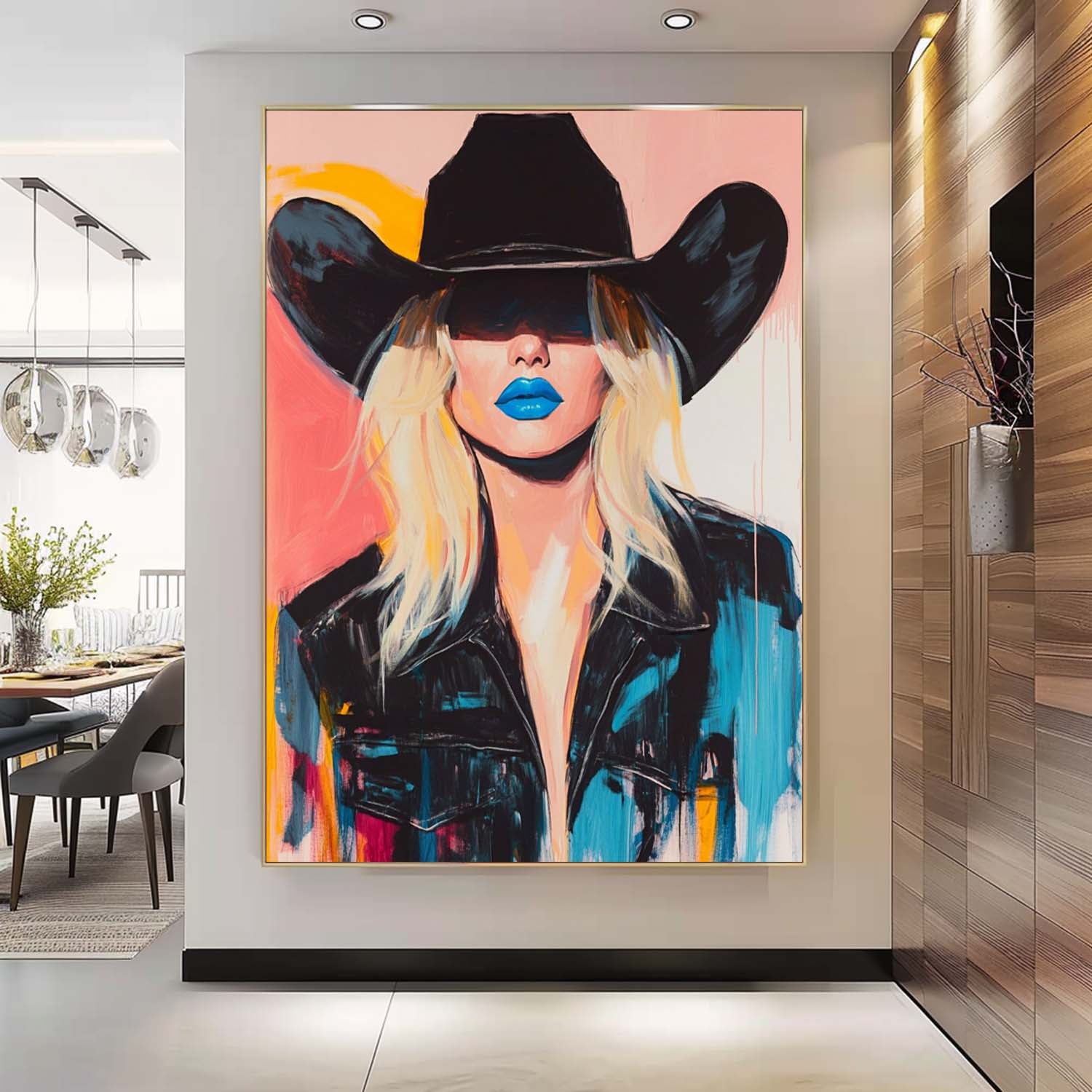 Blue Lip Cowgirl Pop Art Portrait Bold Colorful