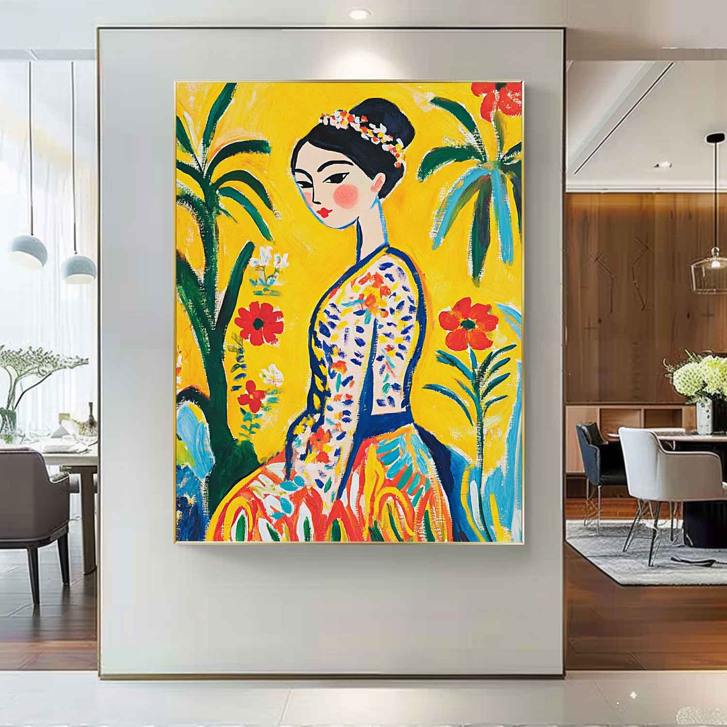 Fauvist Portrait Painting Vibrant Yellow Floral Wall Art