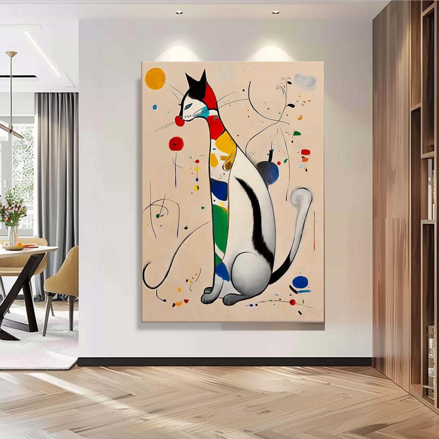 Surrealist Cat Painting Vibrant Rainbow Wall Art