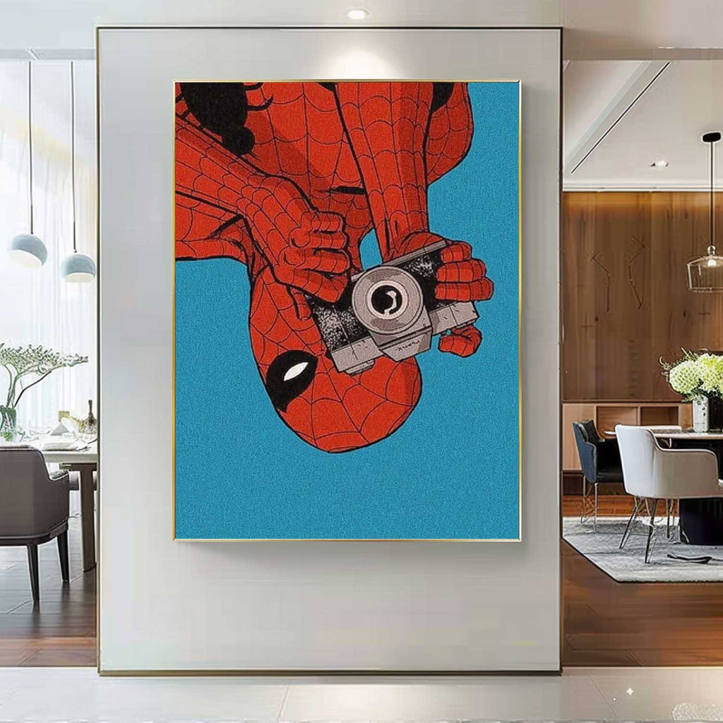 Spiderman Upside Down With Camera Retro Comic