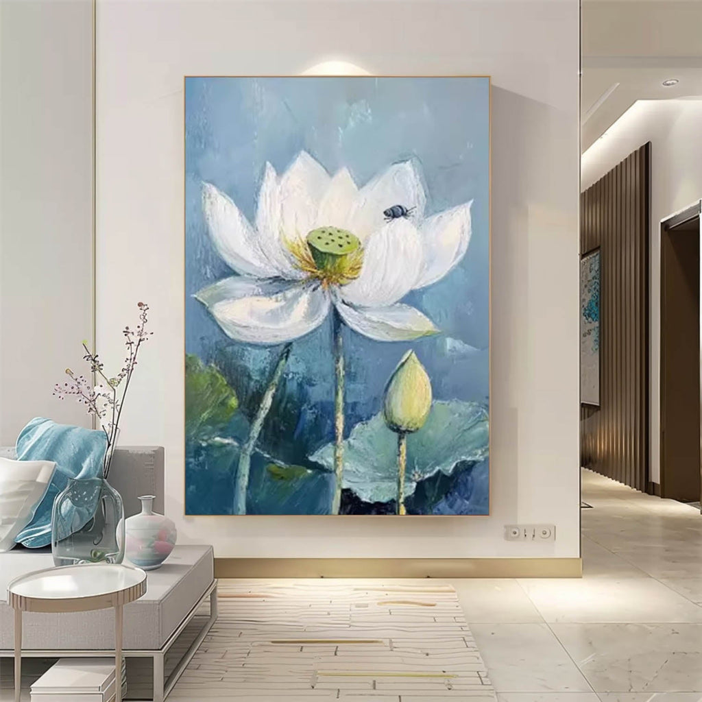 Serene White Lotus Oil Painting With Bee Accent