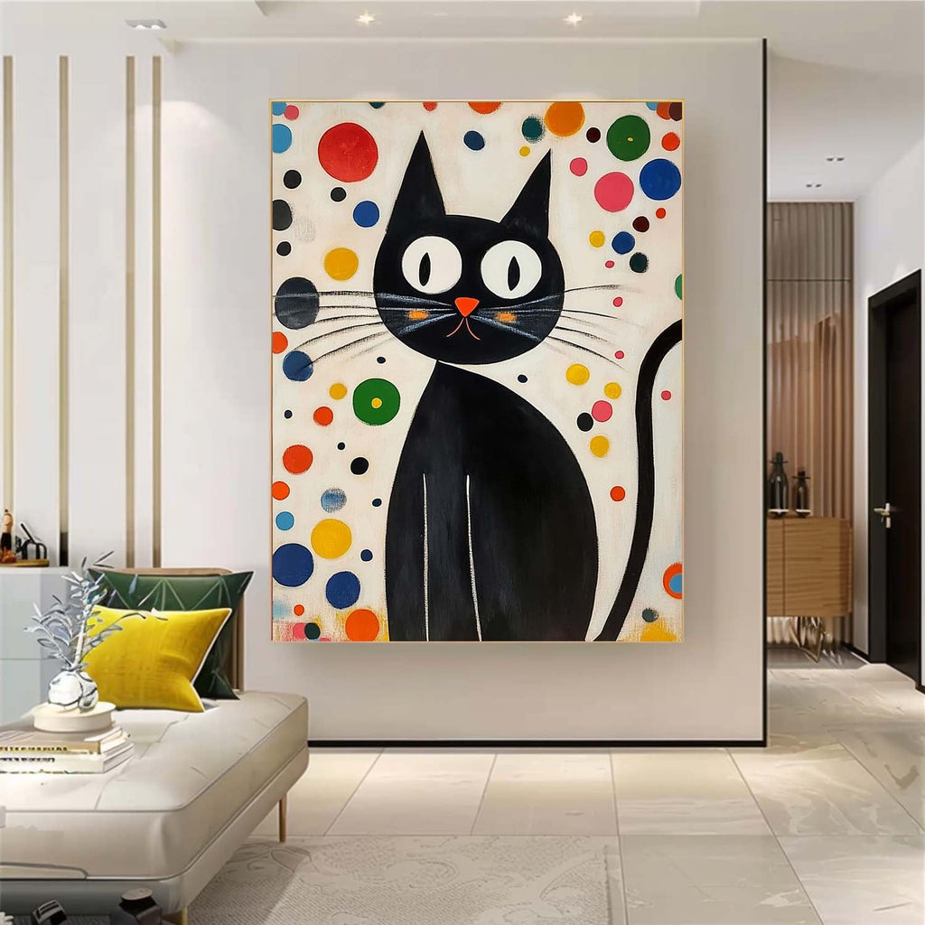 Mid-Century Modern Cat Painting Playful Polka Dot