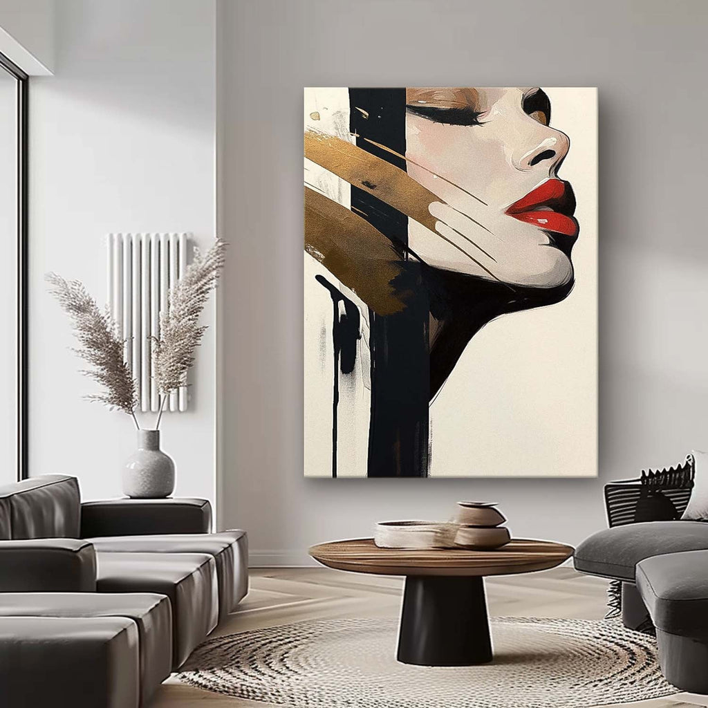 Minimalist Golden Accent Woman Portrait Oil Painting