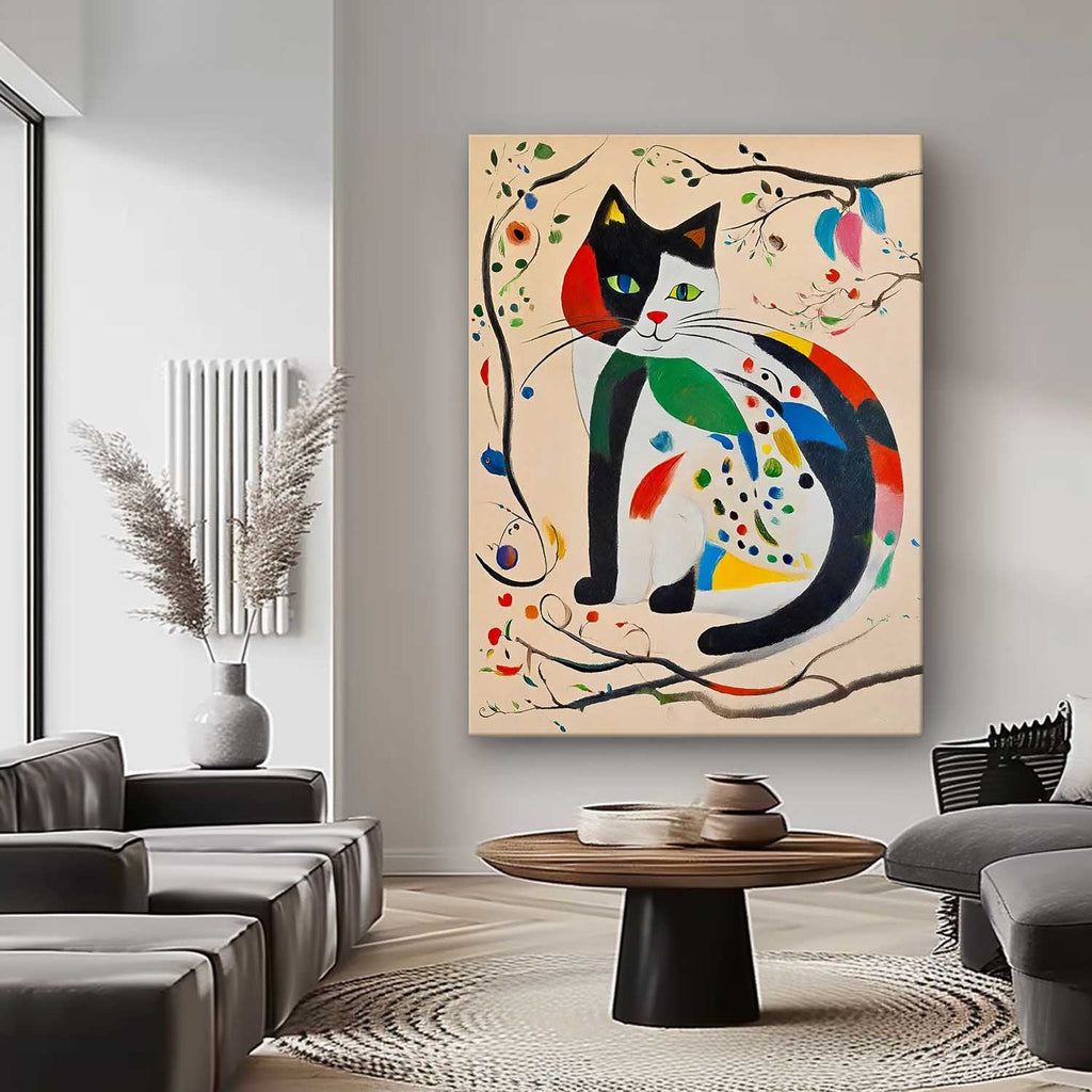 Surrealist Cat Painting Vibrant Patchwork