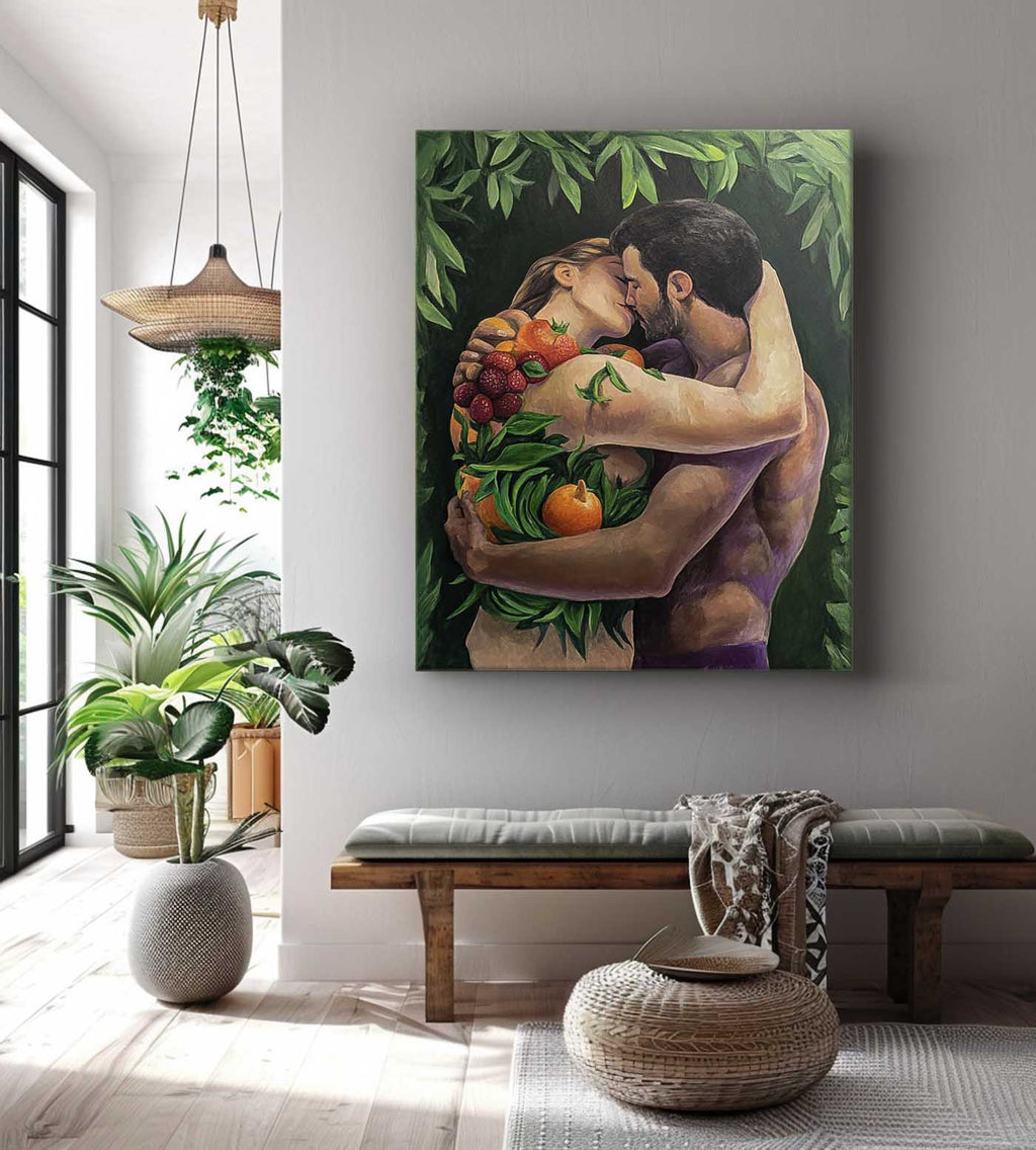 Romantic Couple Embrace Fruits Foliage Oil Painting