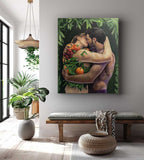 Romantic Couple Embrace Fruits Foliage Oil Painting