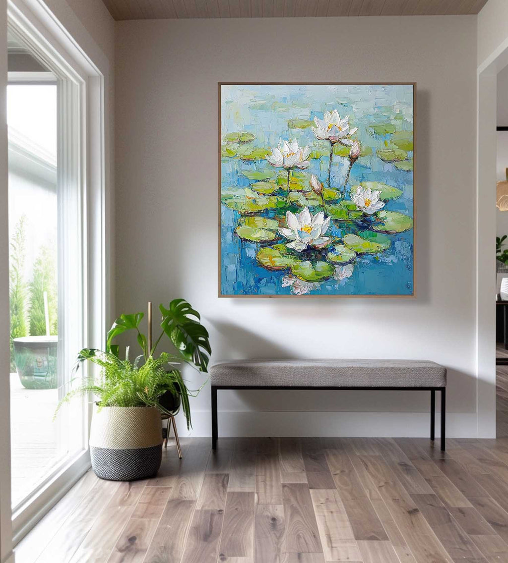 Impasto Water Lily Painting Serene Blue & Green