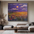 Moonlit Wildflower Field Under Purple Sky Impressionist