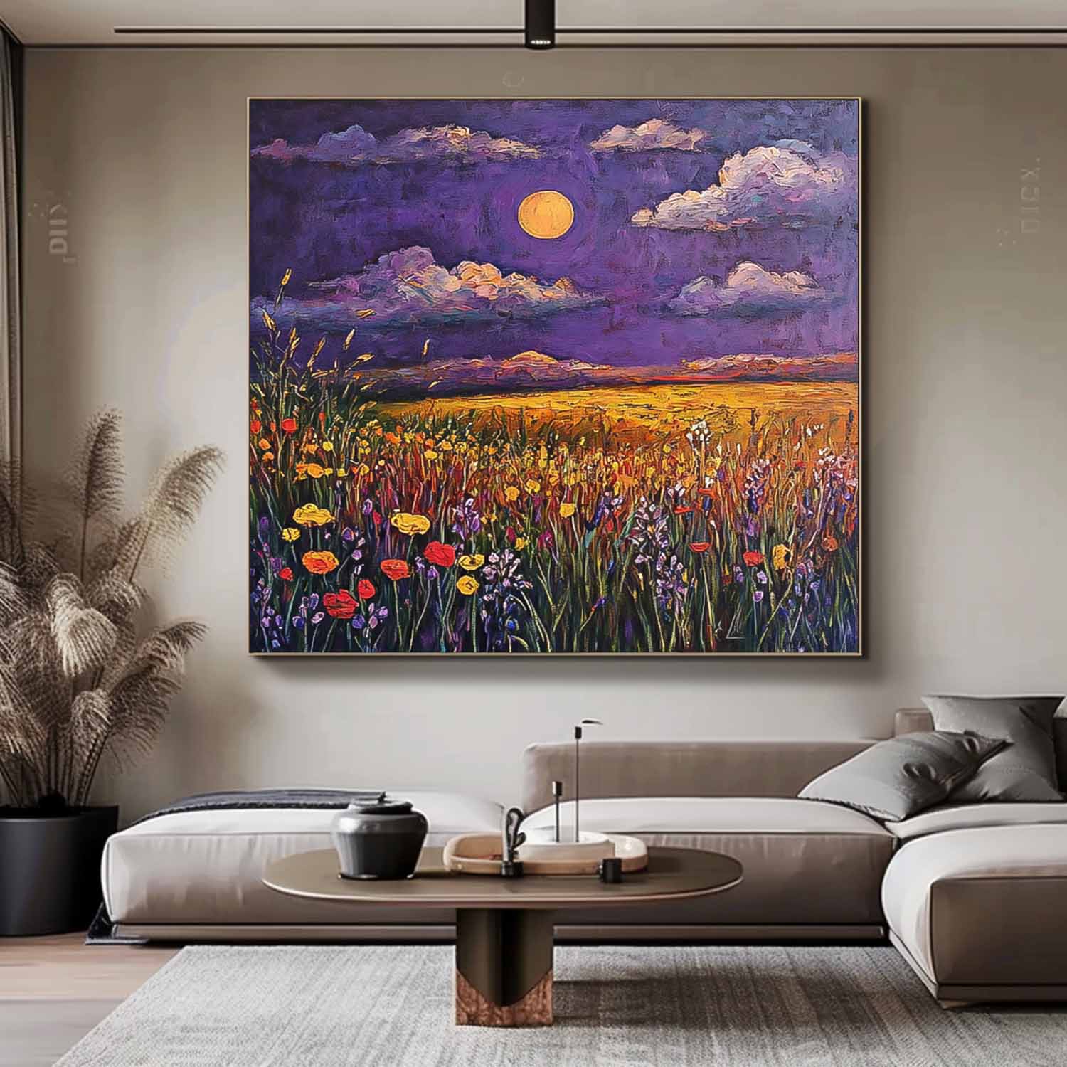 Moonlit Wildflower Field Under Purple Sky Impressionist