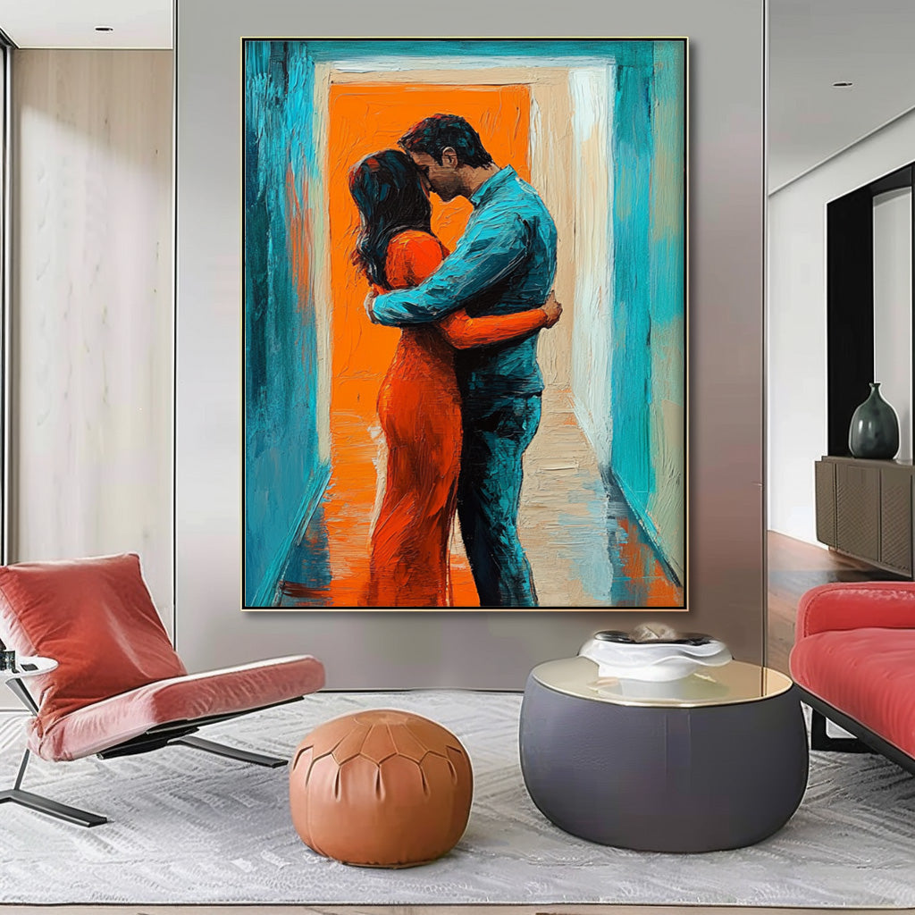 Impressionist Embrace in Doorway Painting Romantic