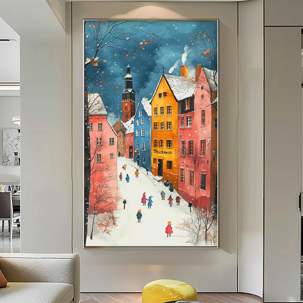 Cozy European Winter Town Painting Festive