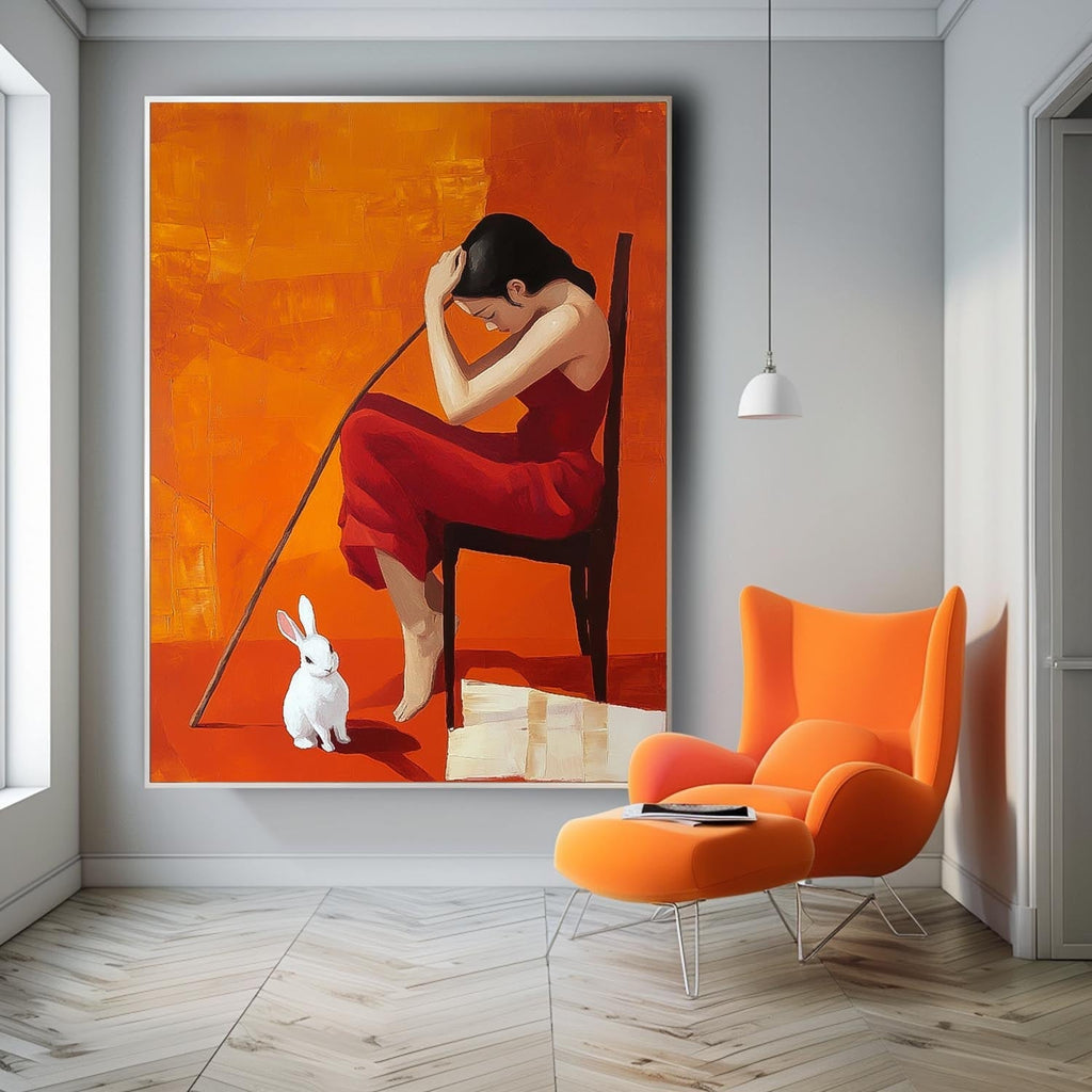Contemplative Woman Red Dress Rabbit Oil Painting