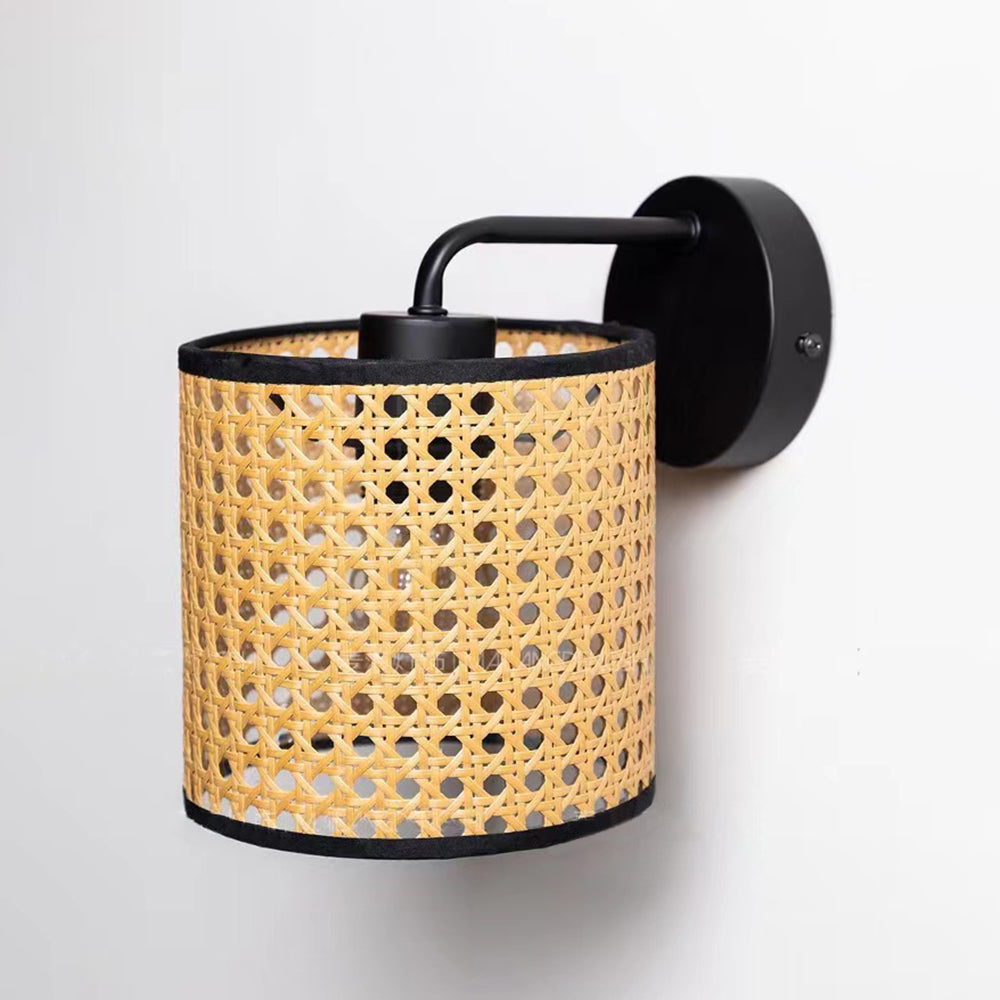 Muto Rustic Cylindrical Rattan/Metal Wall Lamp, Brown