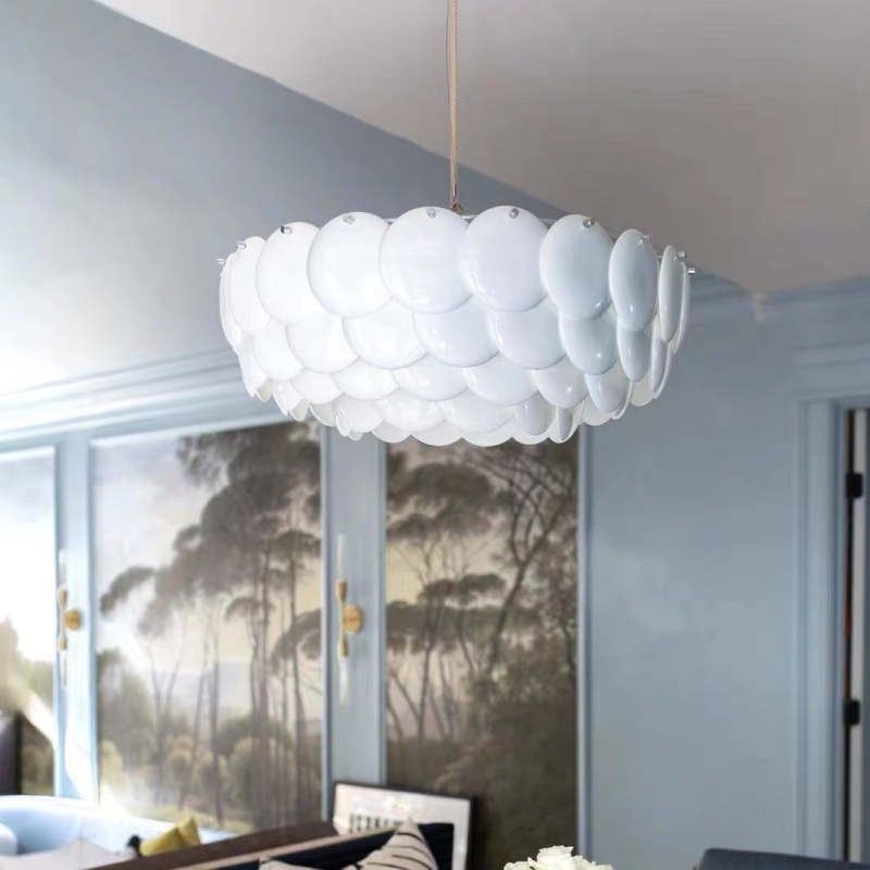 Arisha Wihte Art Deco Chandelier Light Fixture, Ceramic Leaf & Metal