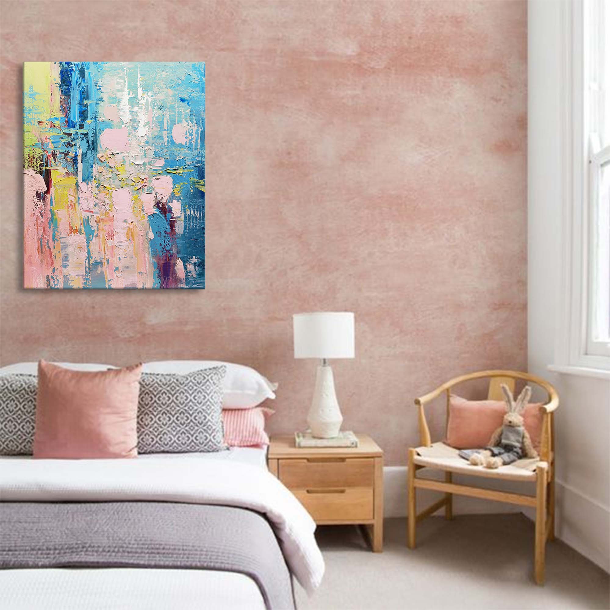 Vibrant Impasto Oil Painting Blue Pink Yellow
