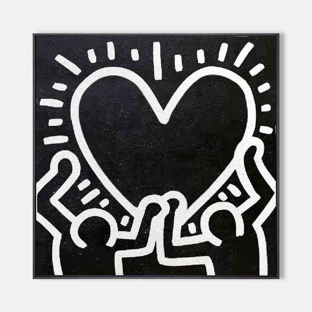 Keith Haring Style Black White Heart Hands Abstract Art