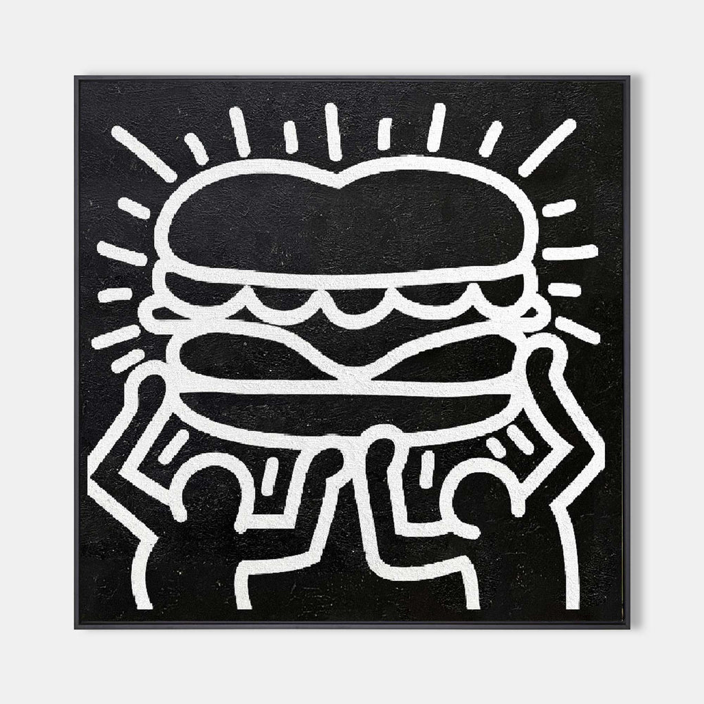 Keith Haring Playful Burger Character Painting Black