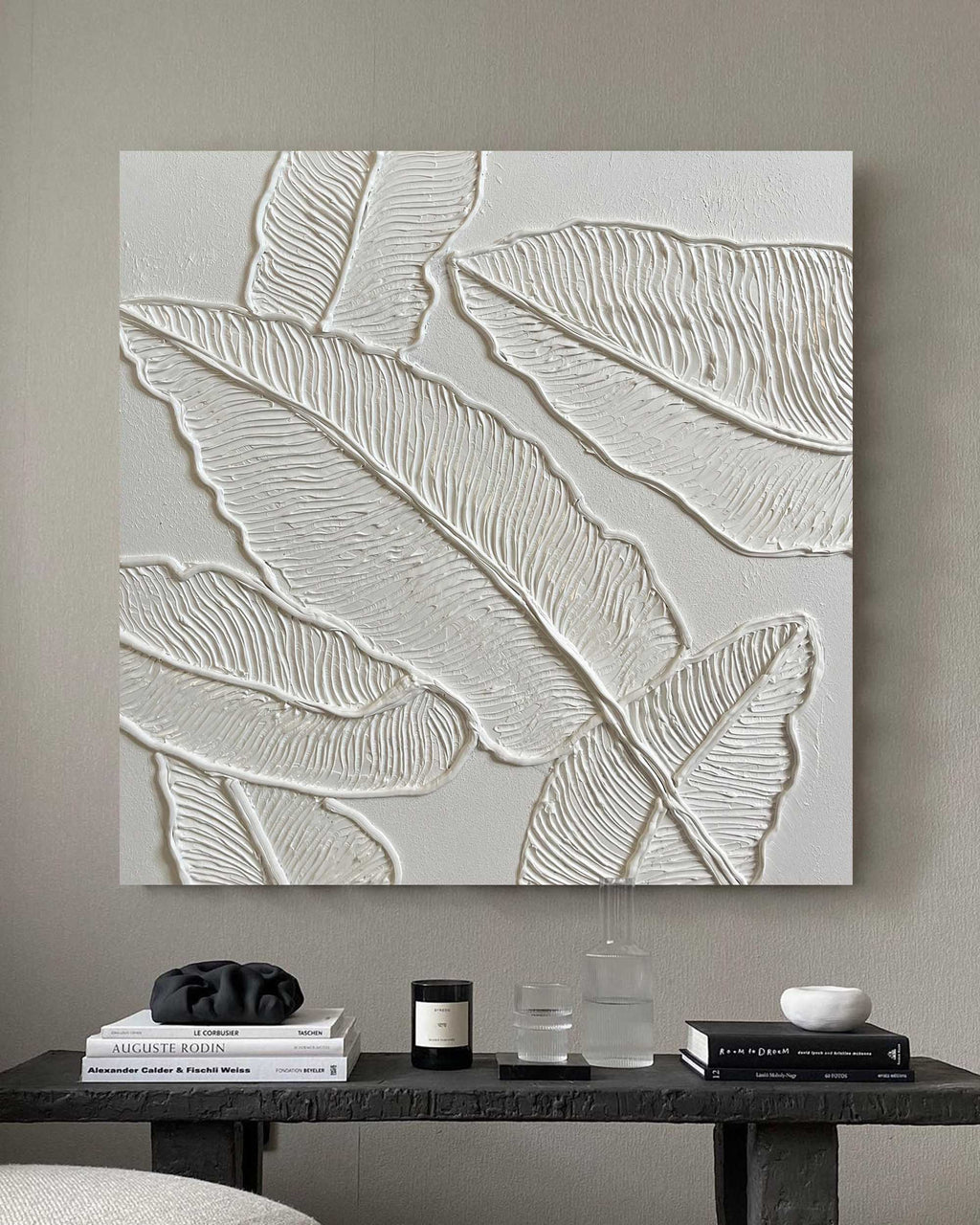 Plaster Art White 3D Leaf Texture Painting