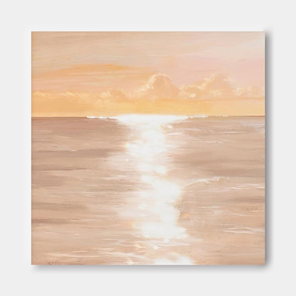 Serene Coastal Sunset Oil Painting Soft Peach