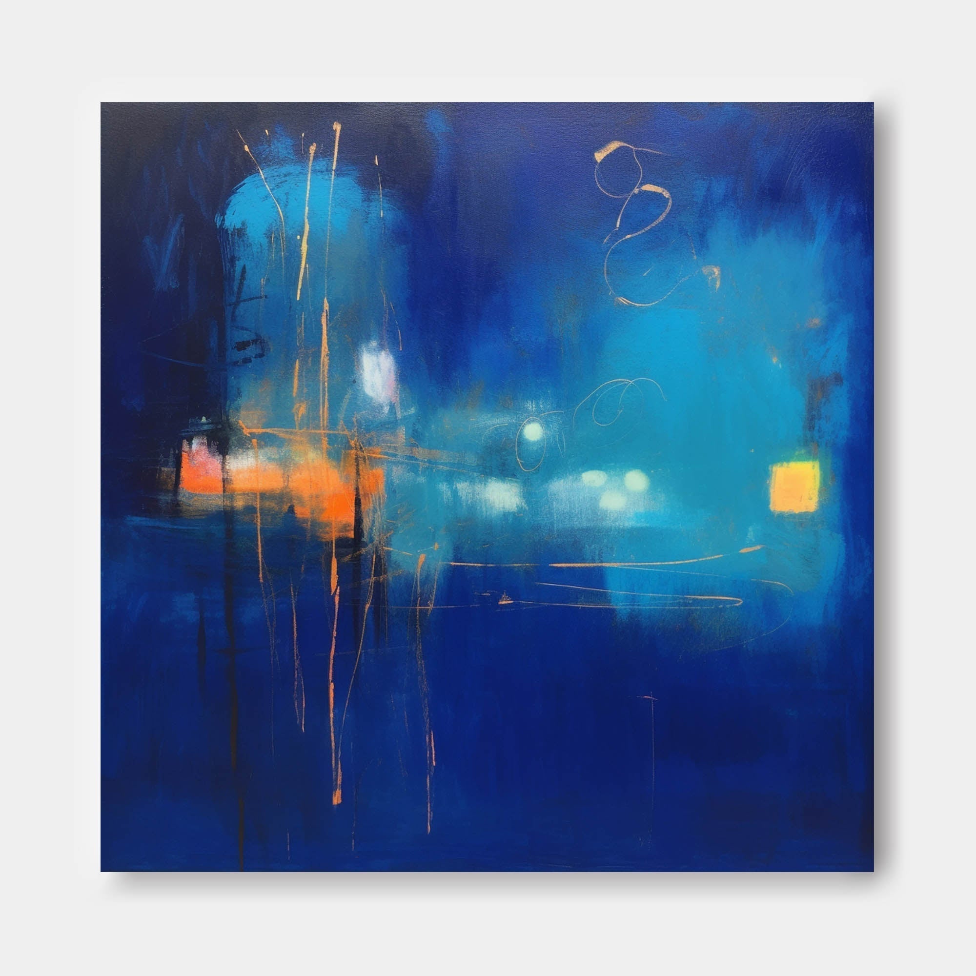 Expressionist City Lights Painting Deep Blue Wall Art