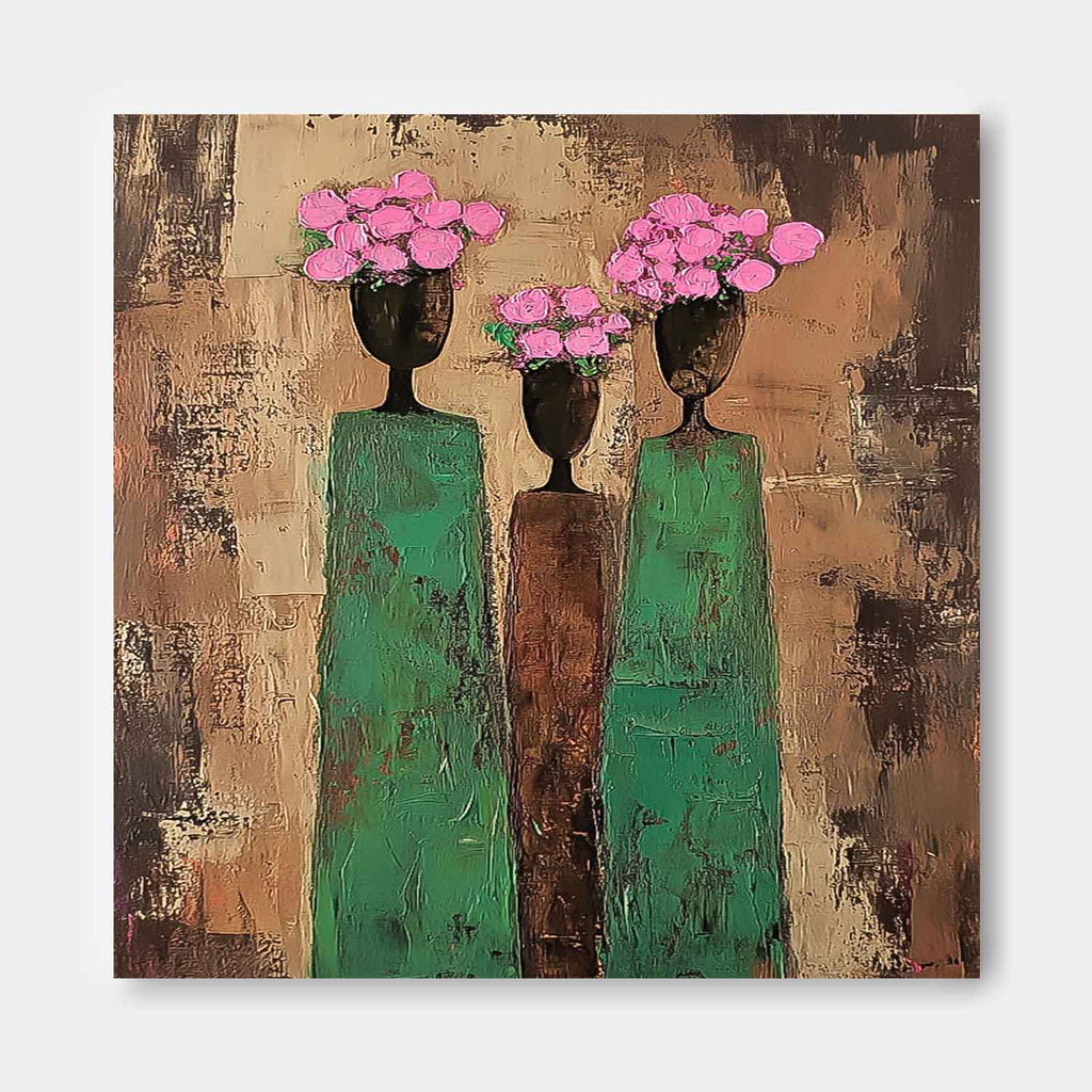 Three Vase Floral Oil Painting Green Pink