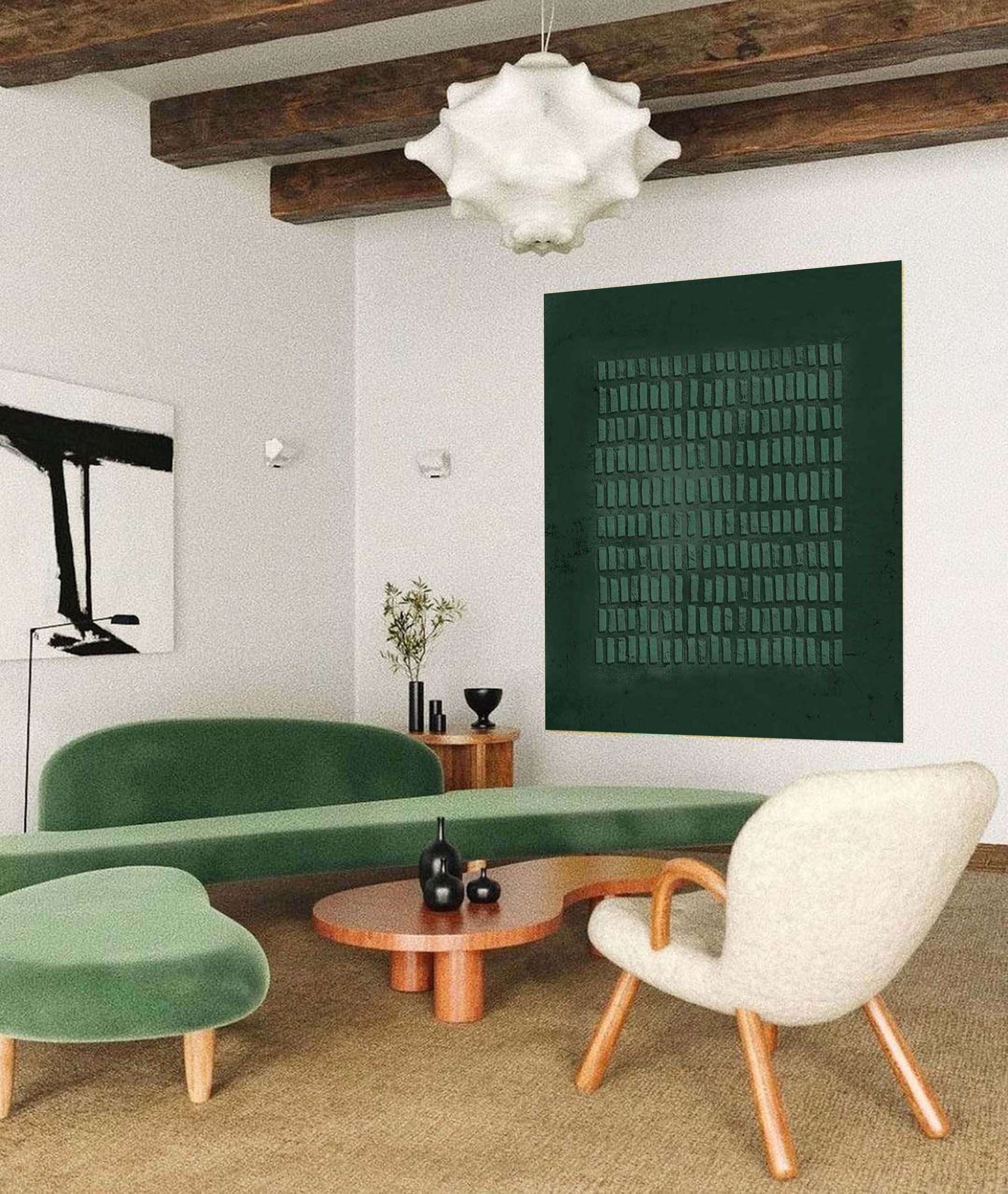 Dark Green Textured Grid Abstract Oil Painting