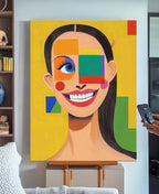 Vibrant Geometric Pop-Art Grin Portrait Oil Painting