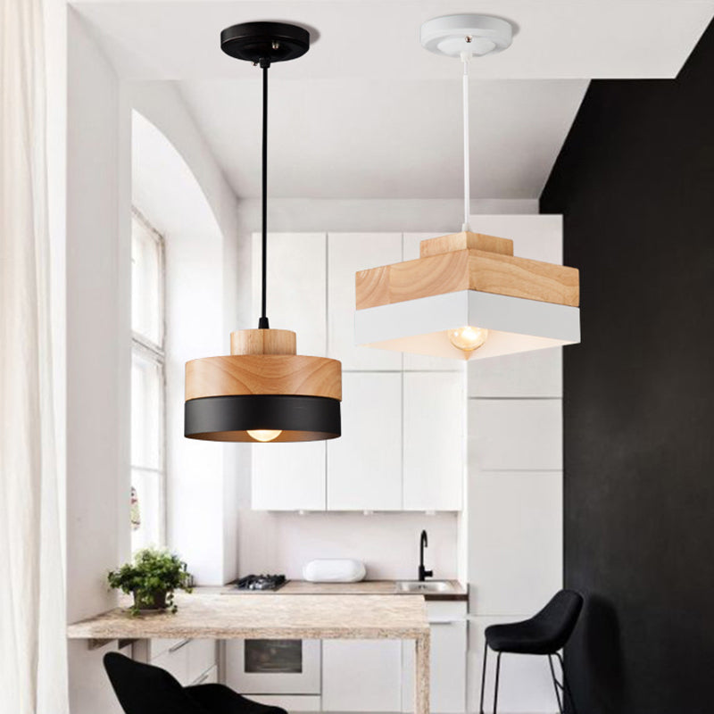 Aria Minimalist Black & White Wood Geometric Pendant Light