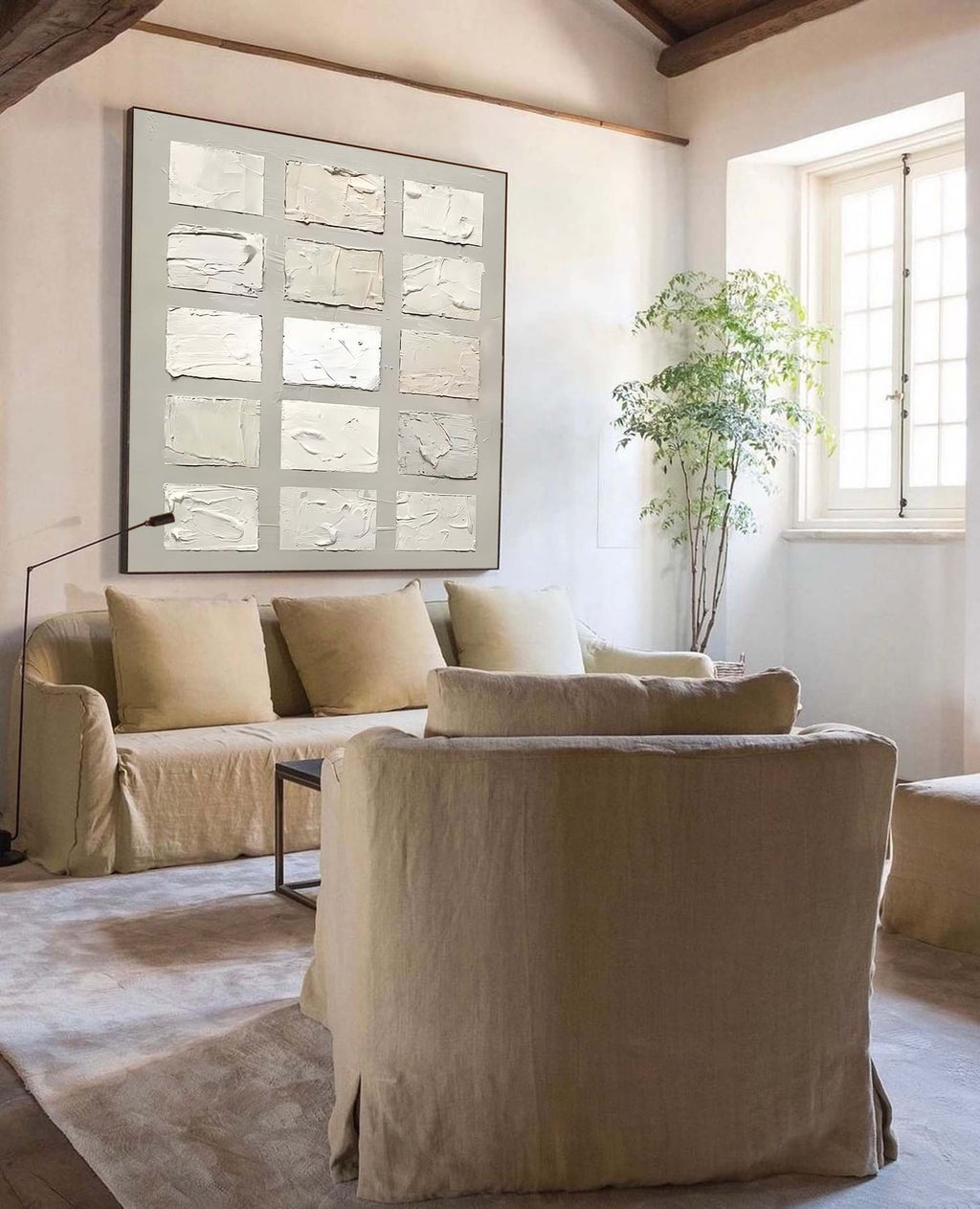 Wabi-Sabi Wall Art Neutral Tone Impasto Grid Oil Painting
