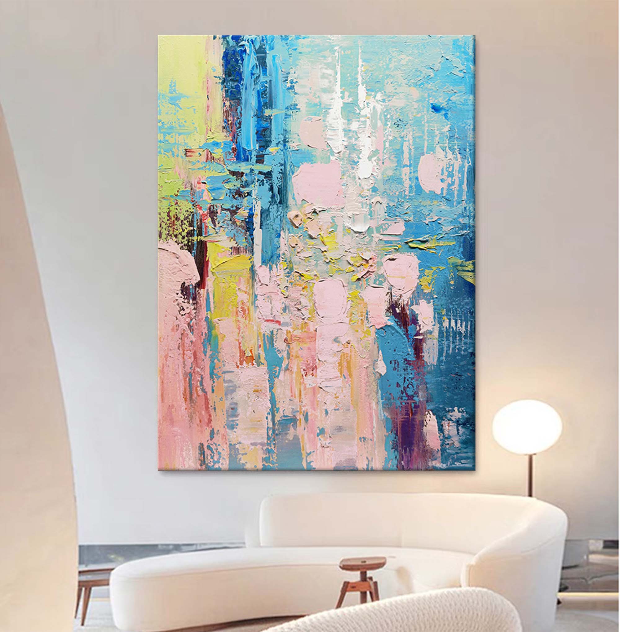 Vibrant Impasto Oil Painting Blue Pink Yellow