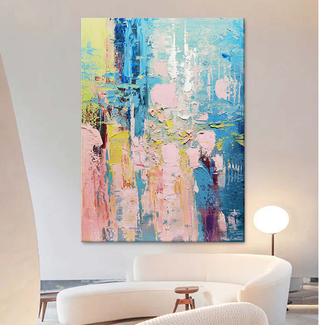 Vibrant Impasto Oil Painting Blue Pink Yellow