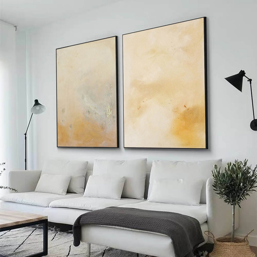 Minimalist Diptych Wall Art Warm Neutrals Gold Leaf