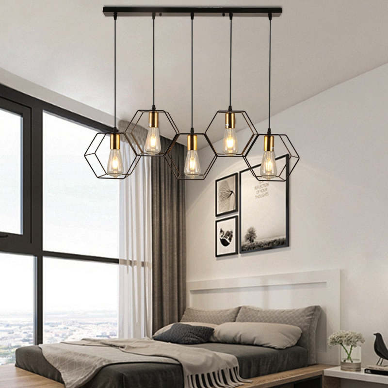 Arisha Rustic Farmhouse Geometry  3/5 Light Pendant Light, Black