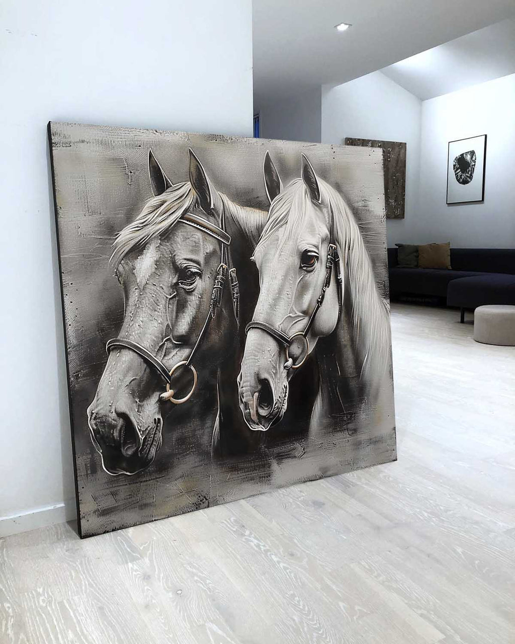 Monochromatic Two Horses Portrait Painting