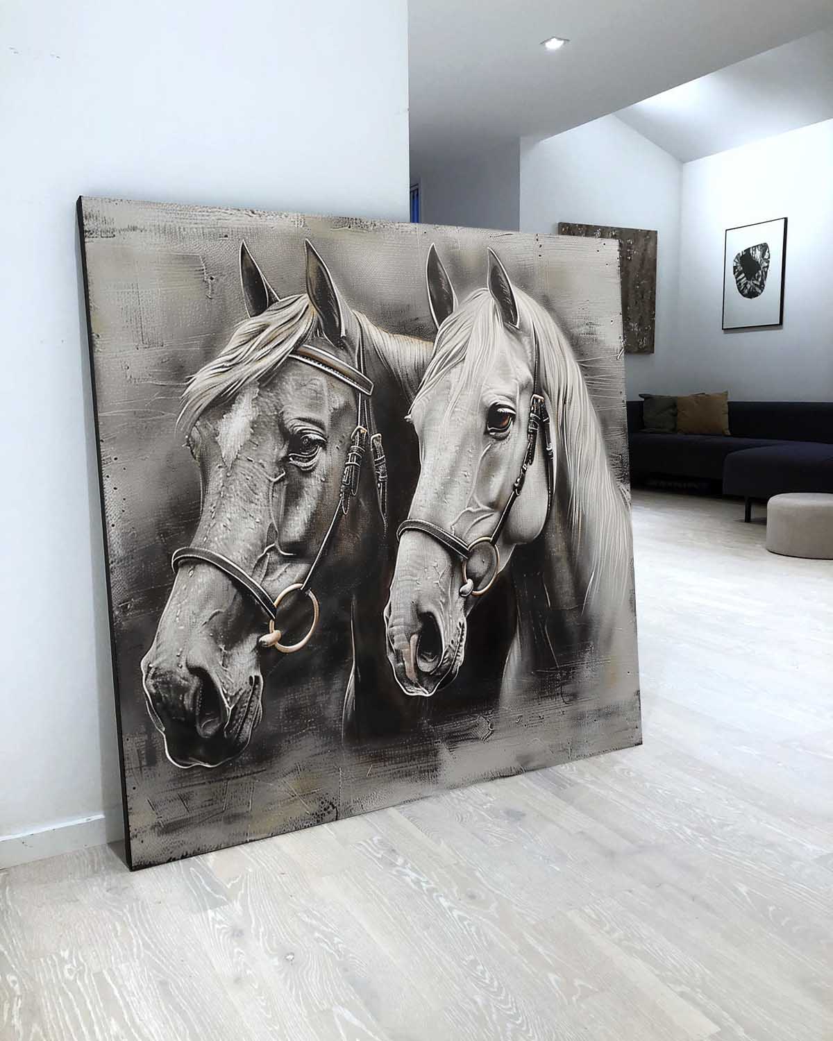 Monochromatic Two Horses Portrait Painting