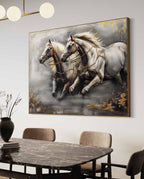 Dual Galloping Horses Oil Painting Textured Framed