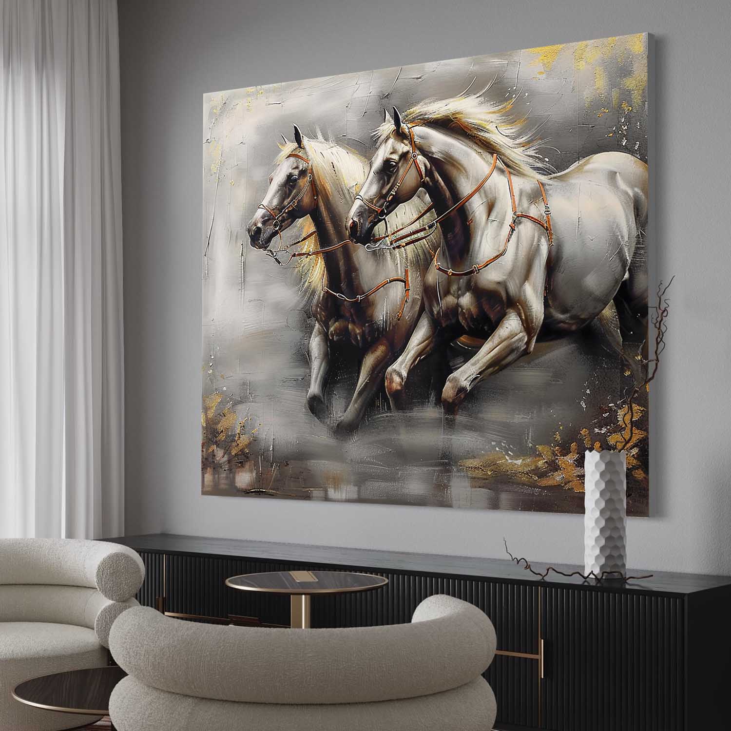 Dual Galloping Horses Oil Painting Textured Framed