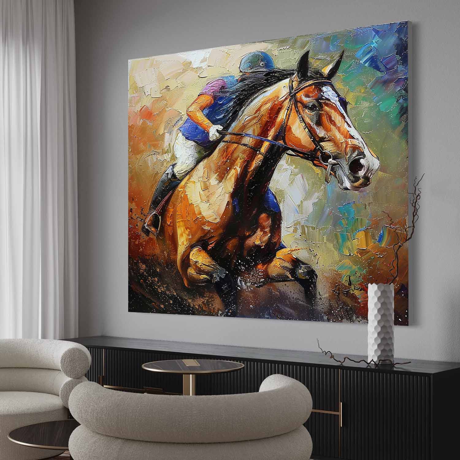 Impasto Equestrian Oil Painting Dynamic Racing Scene