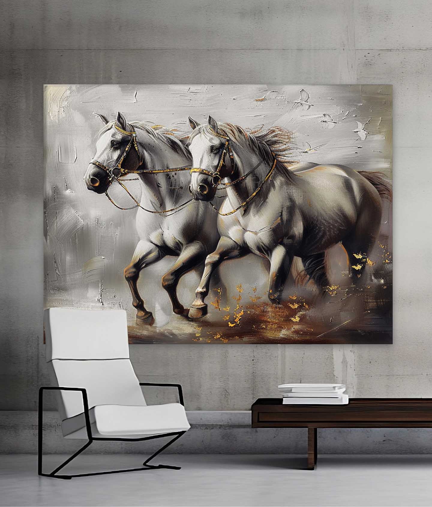 Dual White Horse Oil Painting Motion & Gold Elegant