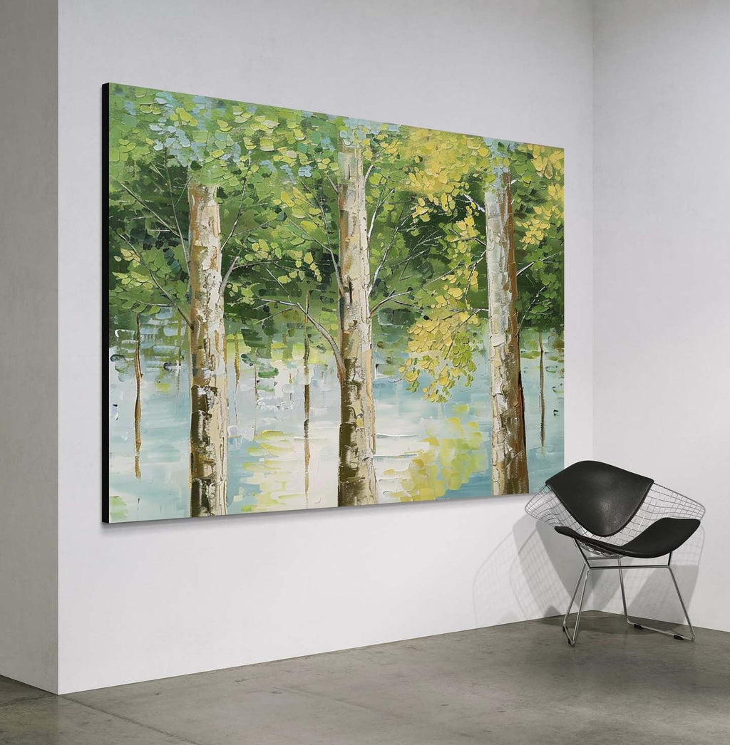 Tactile Forest Landscape Oil Painting Tree Reflections