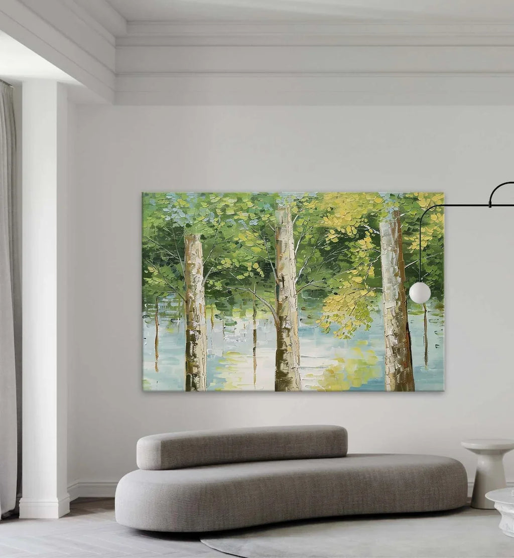 Tactile Forest Landscape Oil Painting Tree Reflections