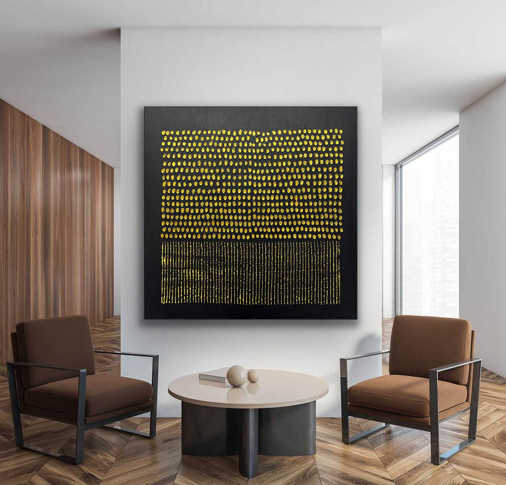 Tactile Gold Dot & Line Oil Painting Black Background