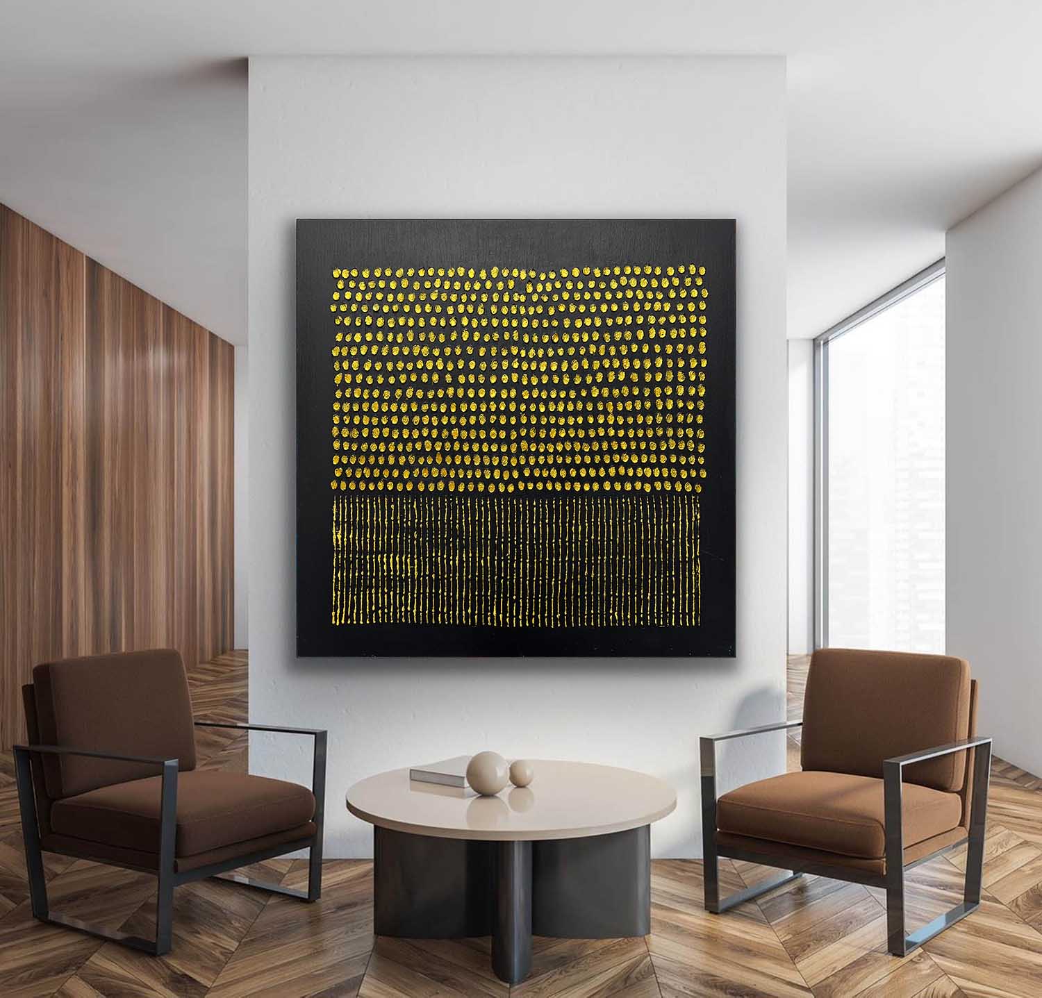 Tactile Gold Dot & Line Oil Painting Black Background