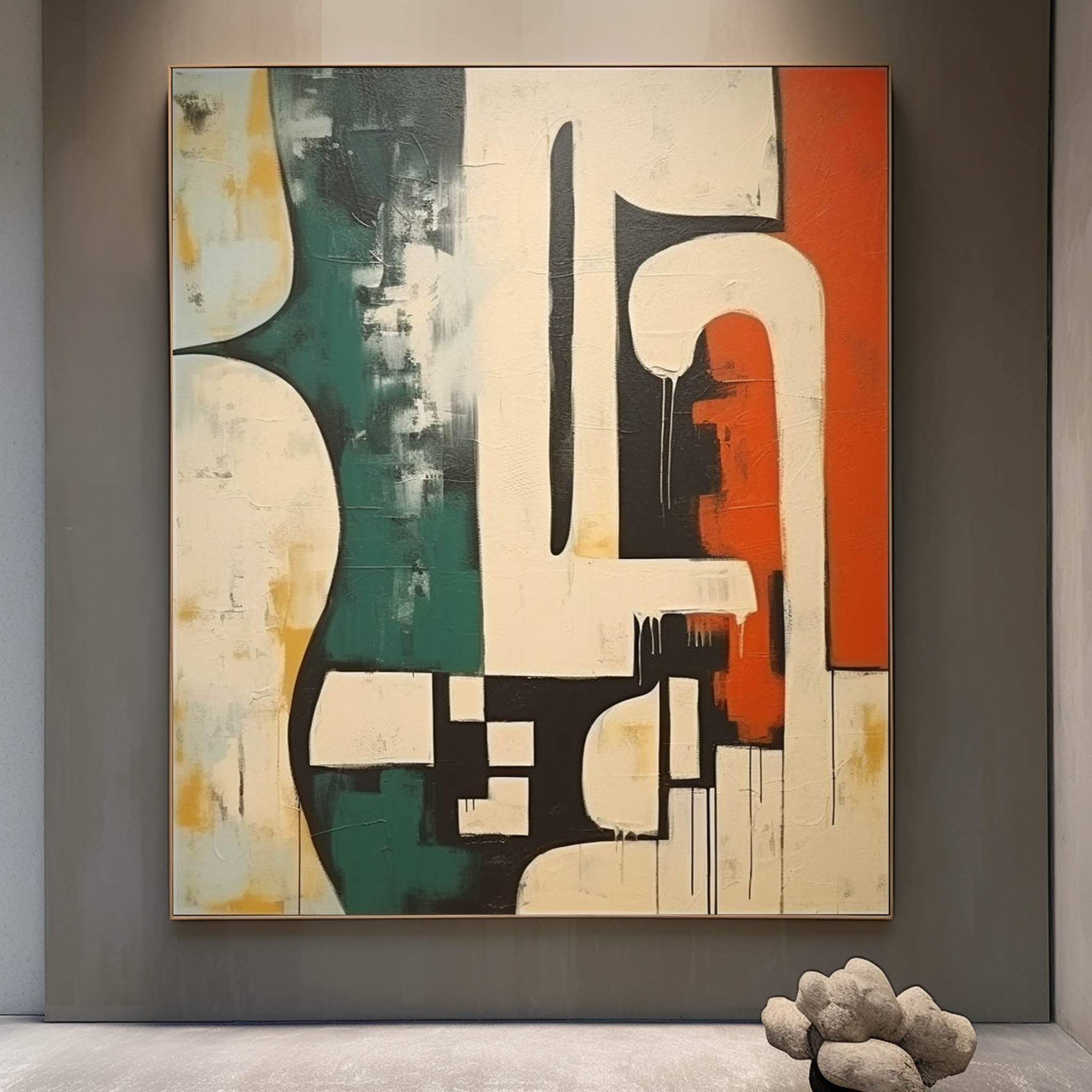 Geometric Abstract Green Orange Oil Painting