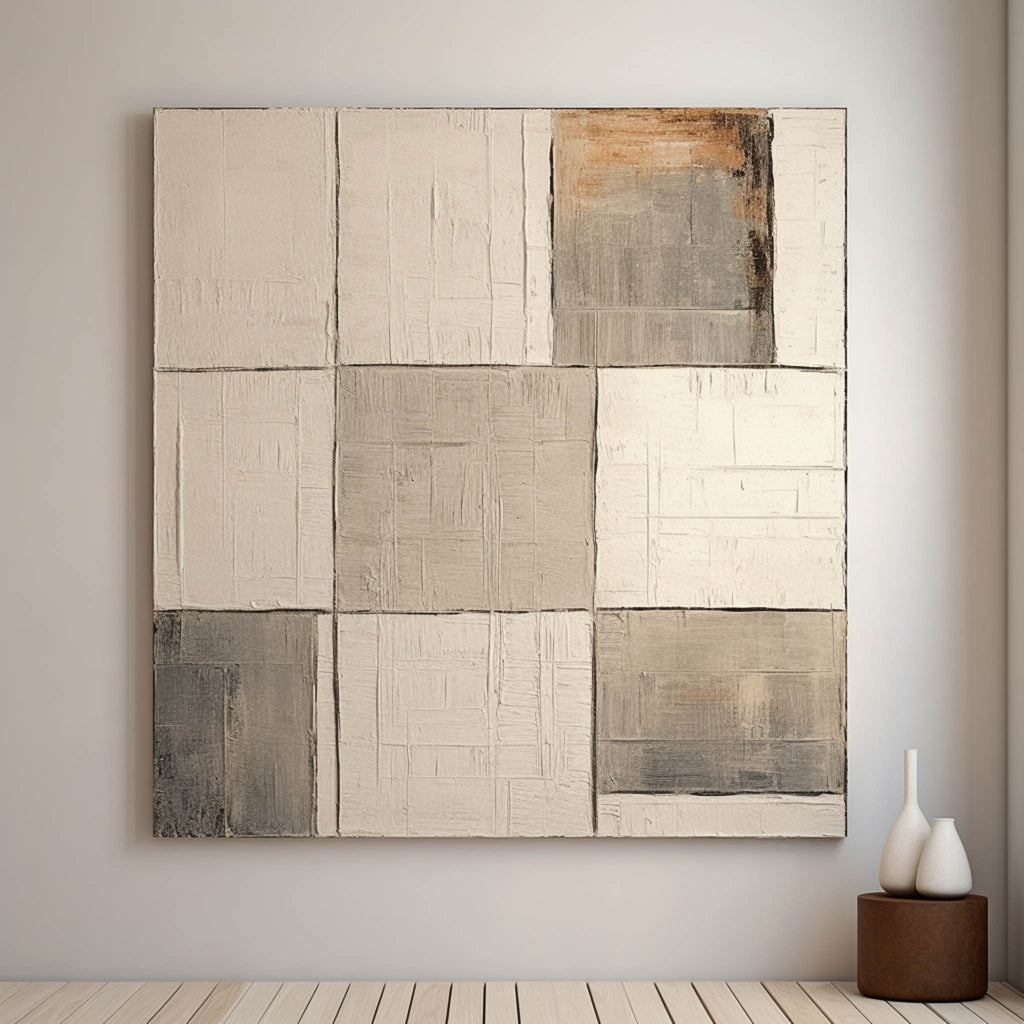 Wabi-Sabi Neutral Toned Textured Grid Block Oil Painting