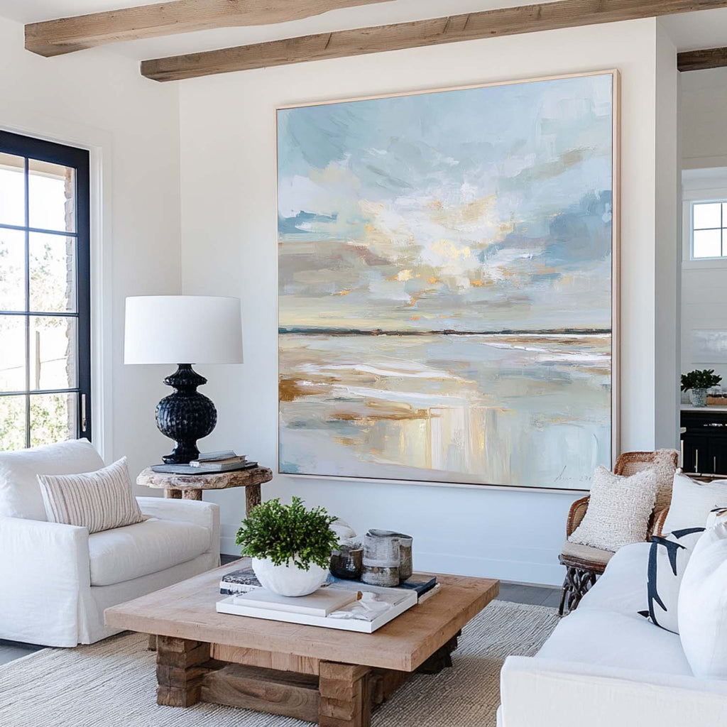 Tranquil Coastal Horizon Oil Painting Soft Blue