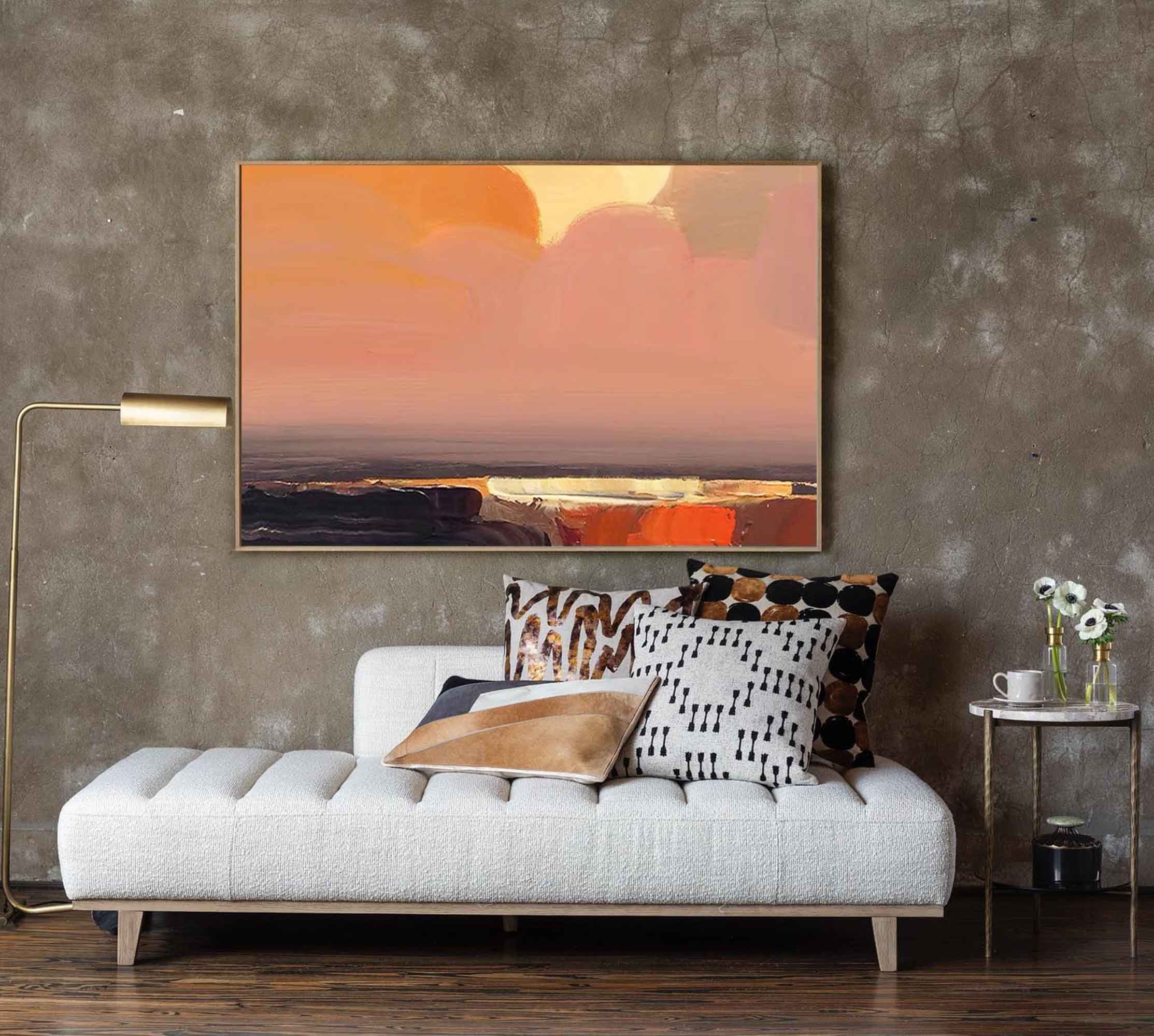 Serene Coastal Sunset Oil Painting Soft Pastel