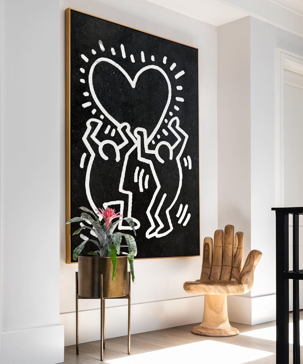 Keith Haring Style Black White Heart Figures Art
