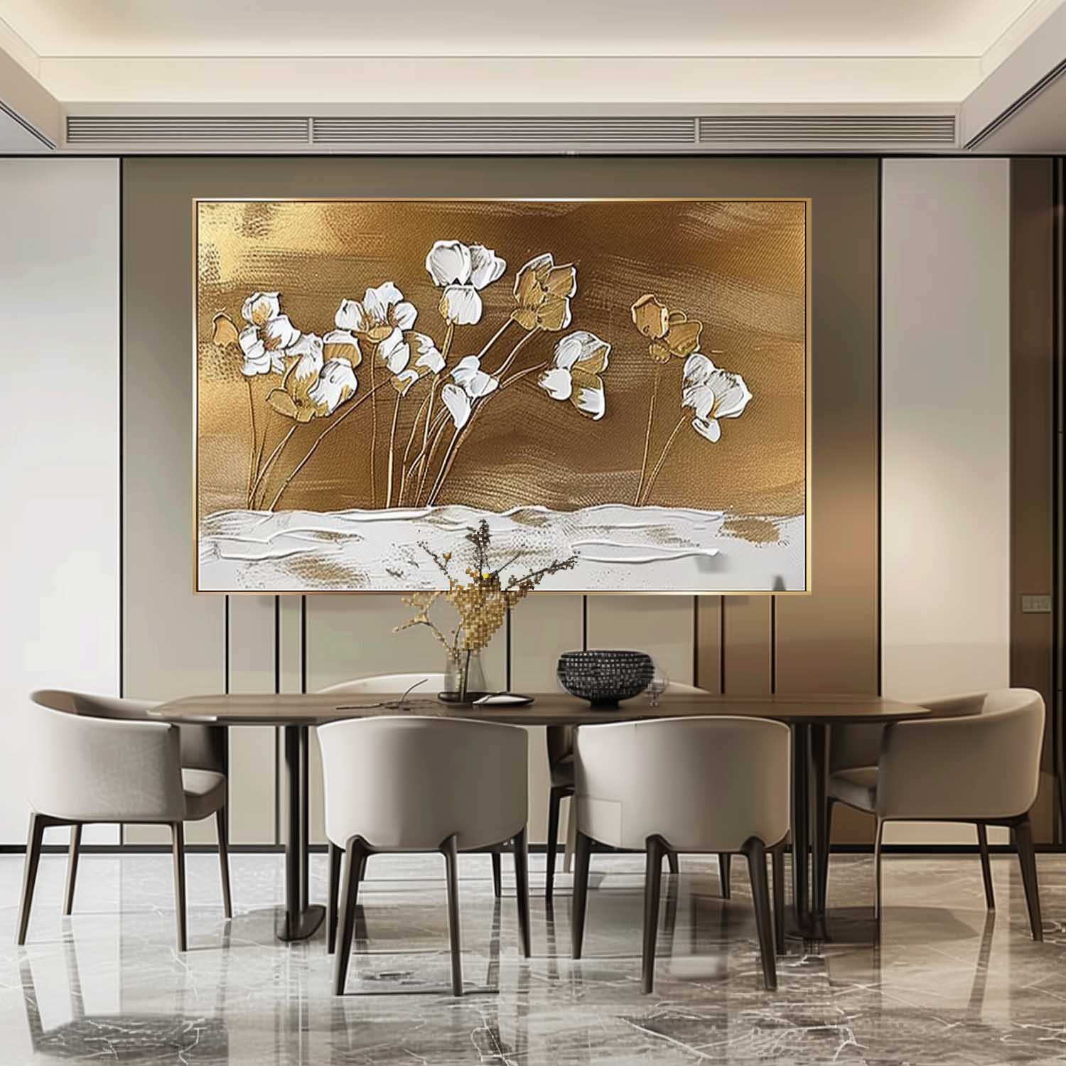 Textured Gold and White Floral Impasto Painting