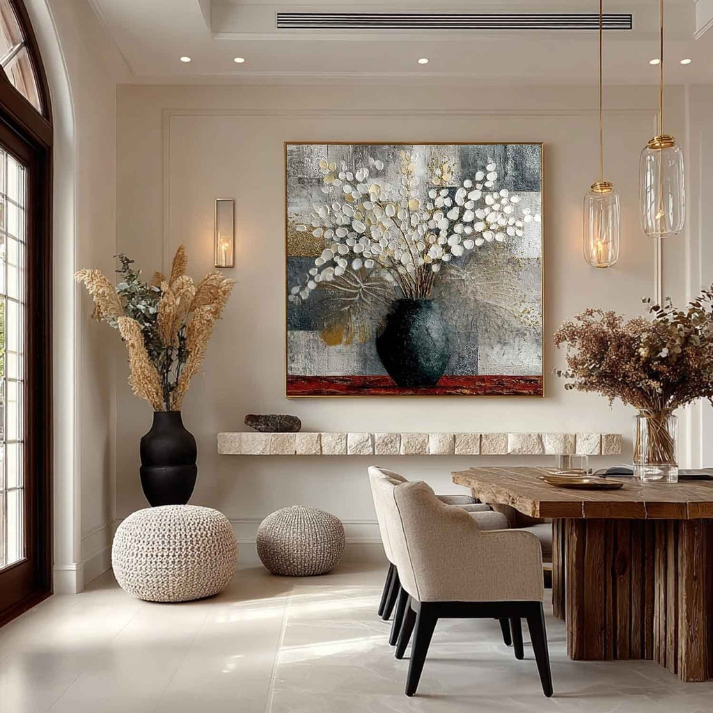 Gold Monstera White Blossoms Impasto Painting